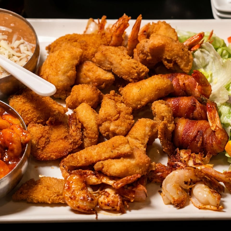 A platter with fried shrimp, bacon-wrapped shrimp, shrimp in red sauce, refried beans, and a side salad.