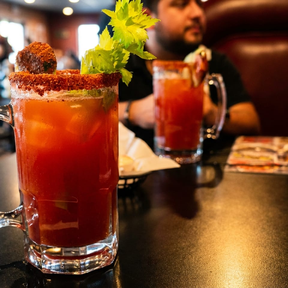 Two Bloody Mary cocktails with celery and meatball garnishes on a dark table in a restaurant.