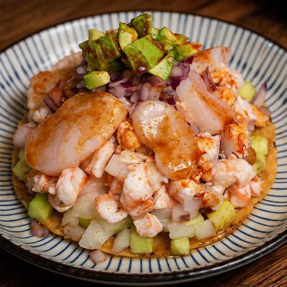 Shrimp ceviche tostada with avocado, red onion, and cucumber on a striped plate.