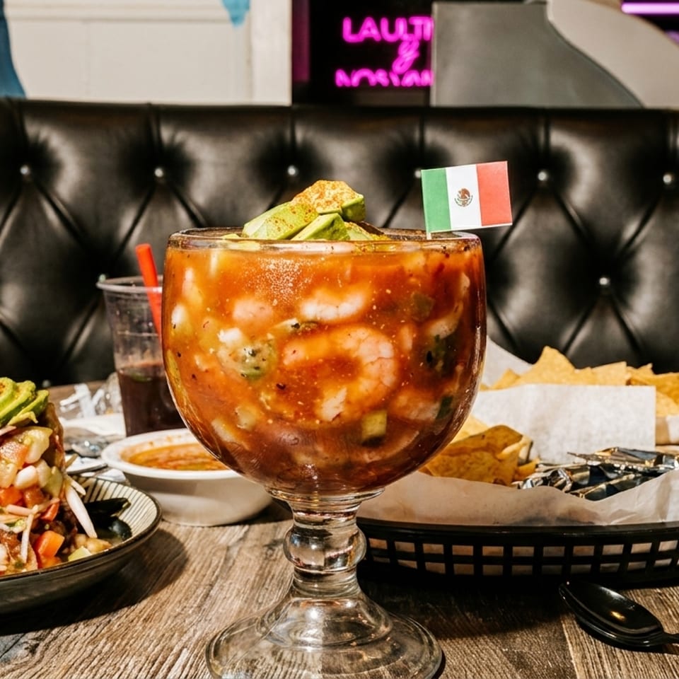 Mexican seafood cocktails, ceviche, chips, and a Corona beer bottle on a wooden table.