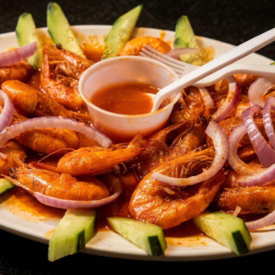A plate of spicy shrimp with red onions, cucumber slices, and a side of dipping sauce.