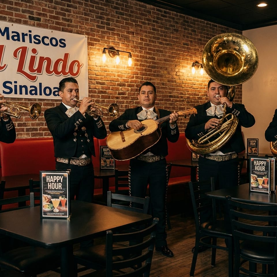 Mariachi band performing inside Mariscos El Lindo Sinaloa restaurant with brick walls and red booths.