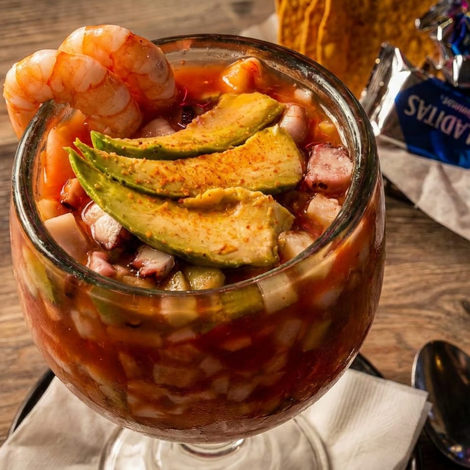 Shrimp cocktail with avocado slices and shrimp garnish, served with tortilla chips and lime.