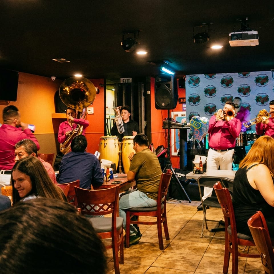 A lively restaurant scene with a band in fuchsia shirts playing brass instruments for seated diners.