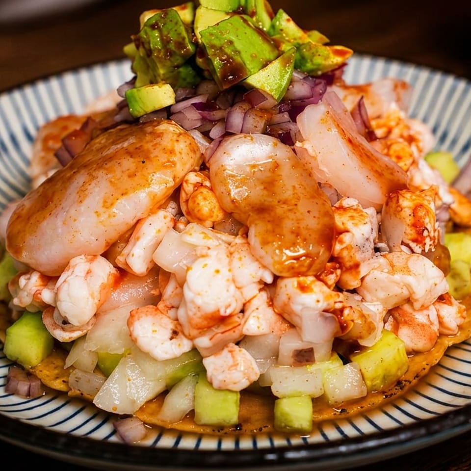 Shrimp ceviche tostada topped with avocado, red onion, and cucumber on a striped plate.