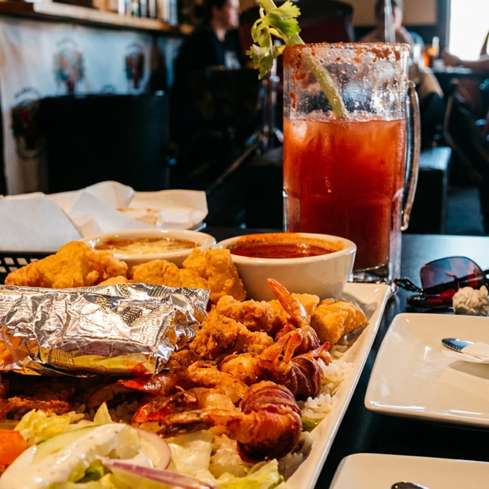 A large platter of fried seafood, including shrimp and fish, with salad and sauces, on a restaurant table.