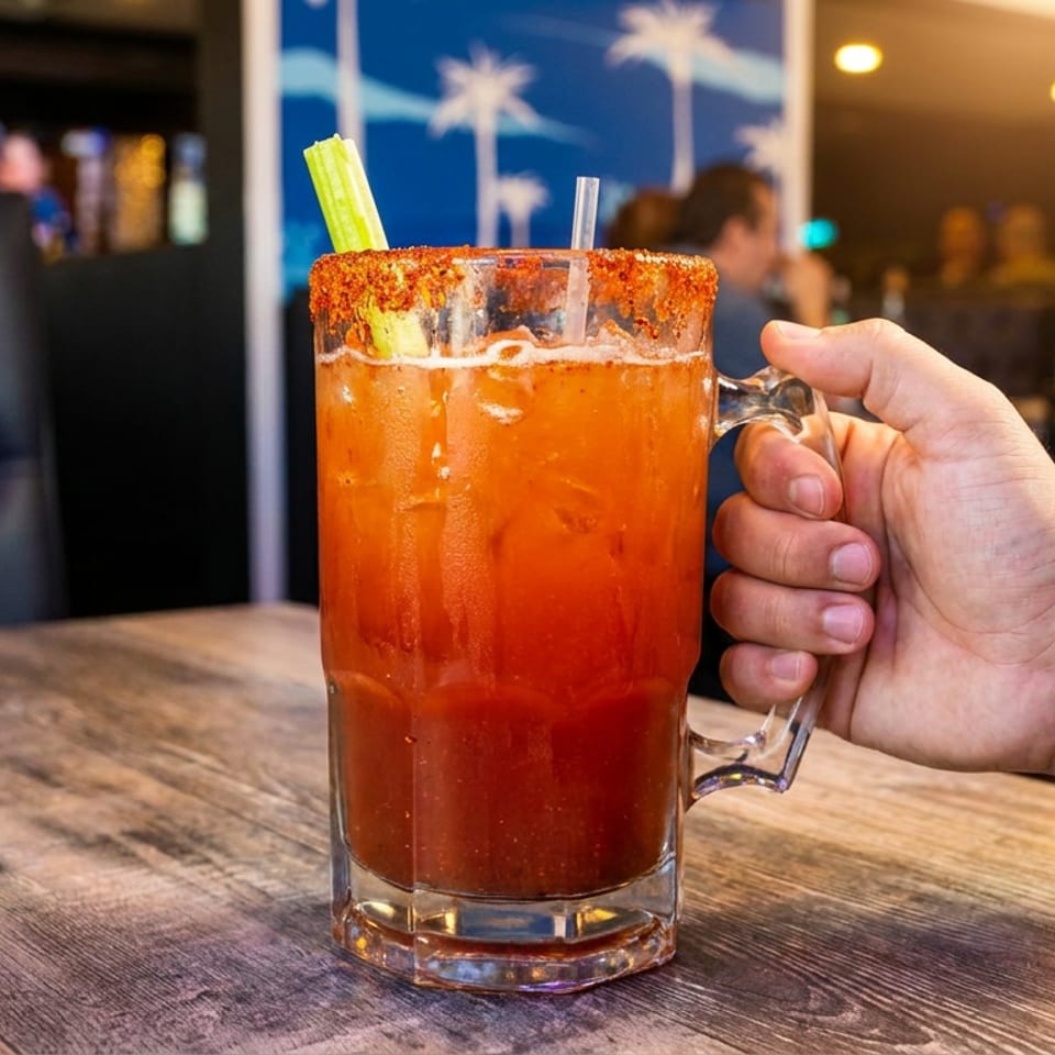 A hand holds a large glass mug of a red michelada cocktail with a celery stick and straw.