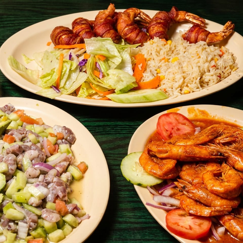 Three plates of Mexican seafood dishes: bacon-wrapped shrimp, ceviche, and shrimp in red sauce.