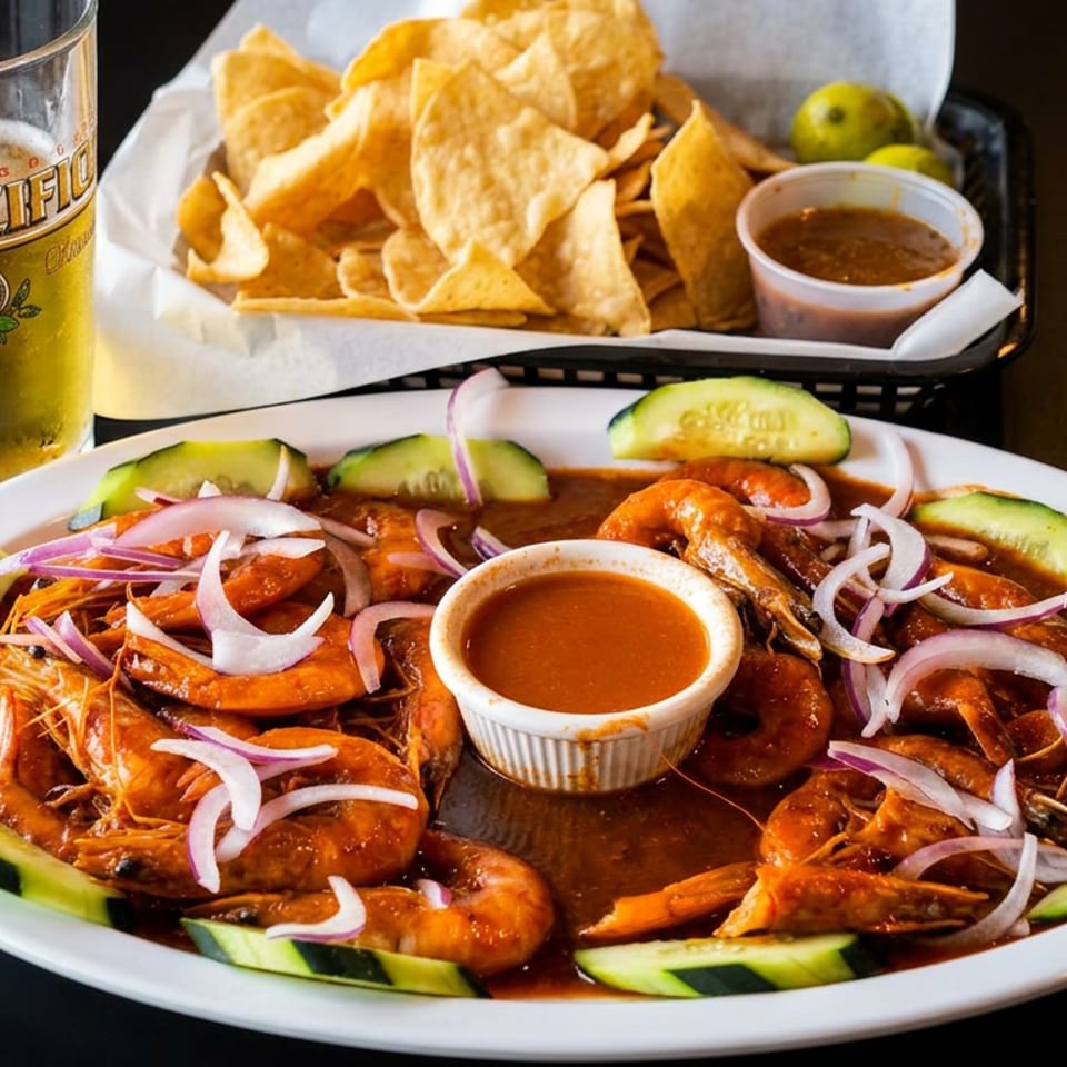 Shrimp dish with red sauce, cucumbers, and onions, served with tortilla chips and a beer.